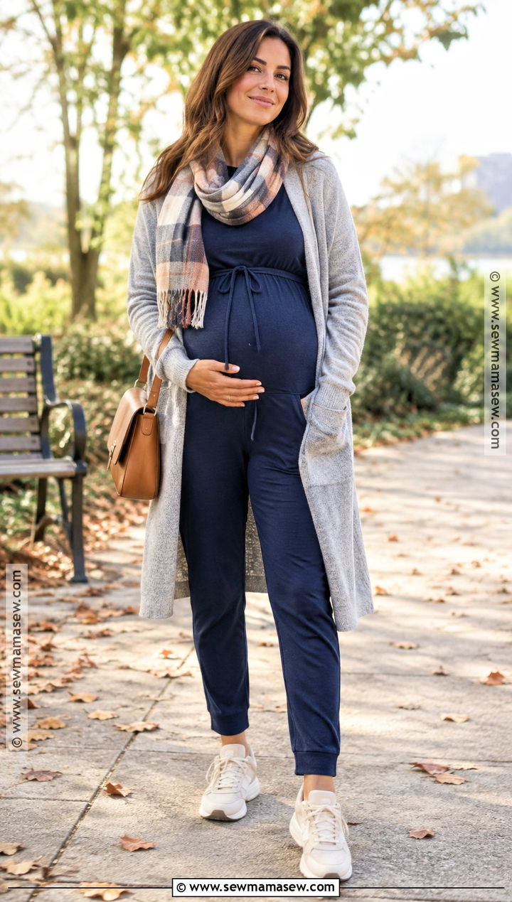 Maternity Jumpsuit With Long Cardigan - 20 fall jumpsuit outfit ideas