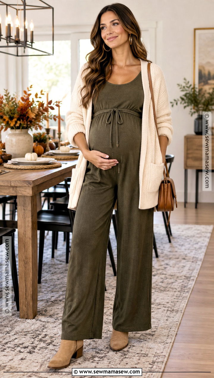 Maternity Jumpsuit With Open Cardigan - 20 maternity thanksgiving outfit casual ideas