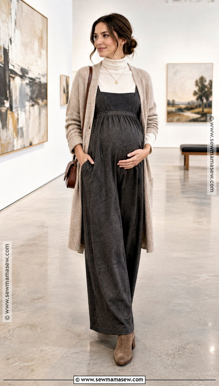 Maternity Jumpsuit With Turtleneck And Long Cardigan - 15 maternity clothes fall winter