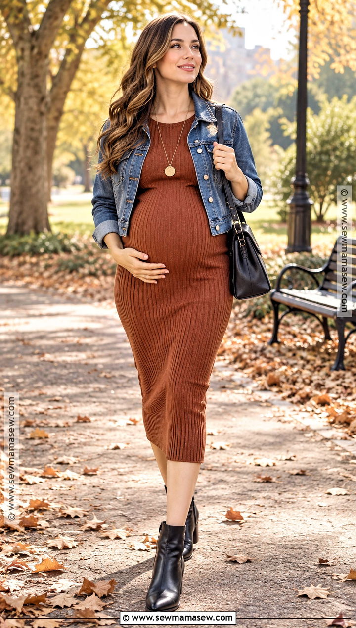 Maternity Knit Midi Dress And Ankle Boots Outfit - 25 maternity fall outfits