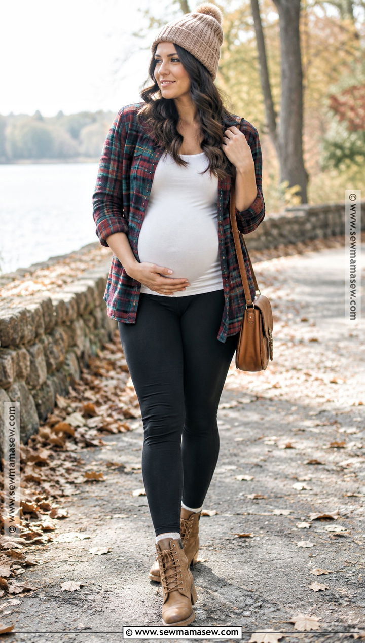 Maternity Leggings And Flannel Shirt Outfit - 25 maternity fall outfits
