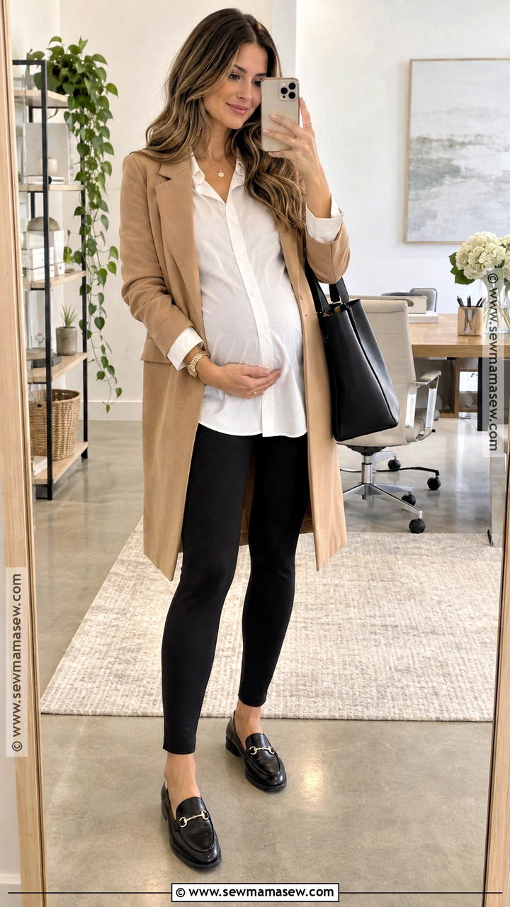 Maternity Leggings And Longline Blazer Outfit - 20 Fall Pregnancy Outfits Work
