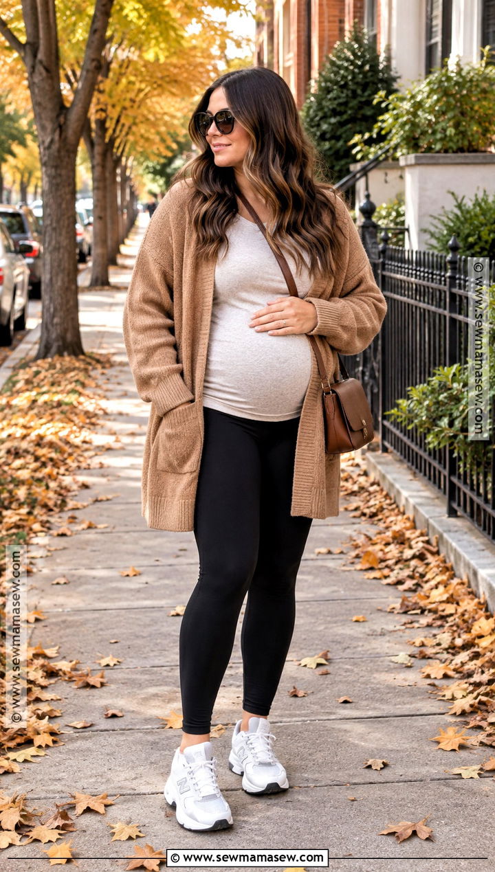 Maternity Leggings Outfit With Oversized Cardigan - 15 autumn pregnant outfit ideas