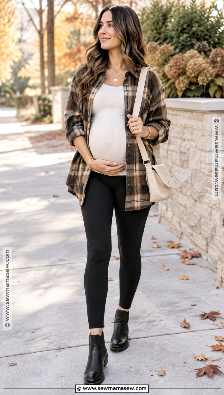 Maternity Leggings With An Oversized Flannel Shirt - 15 Cute Pregnancy Fall Outfits