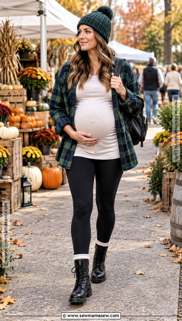 Maternity Leggings With Flannel Shirt And Combat Boots - 15 maternity leggings outfit fall