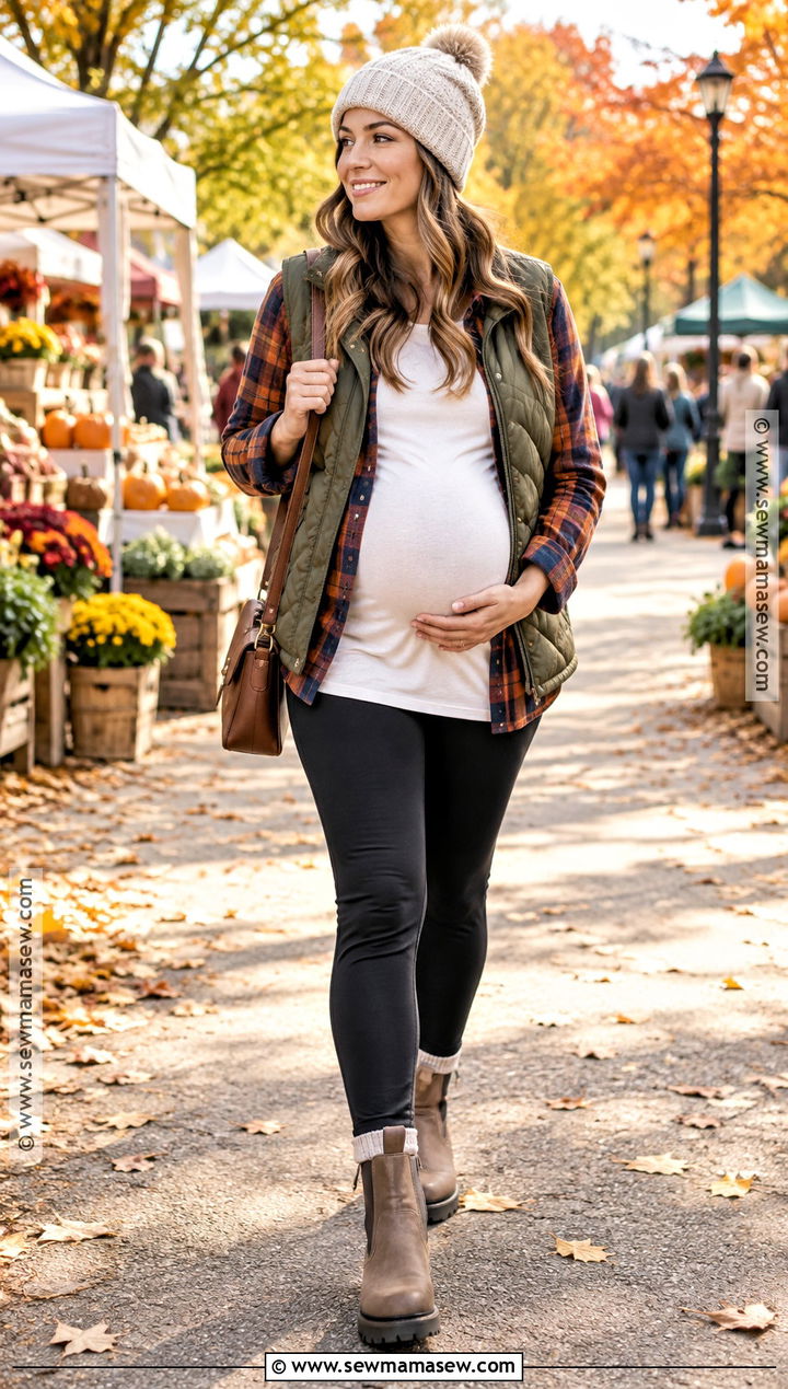 Maternity Leggings With Flannel Shirt And Quilted Vest - 20 fallwinter pregnancy outfits