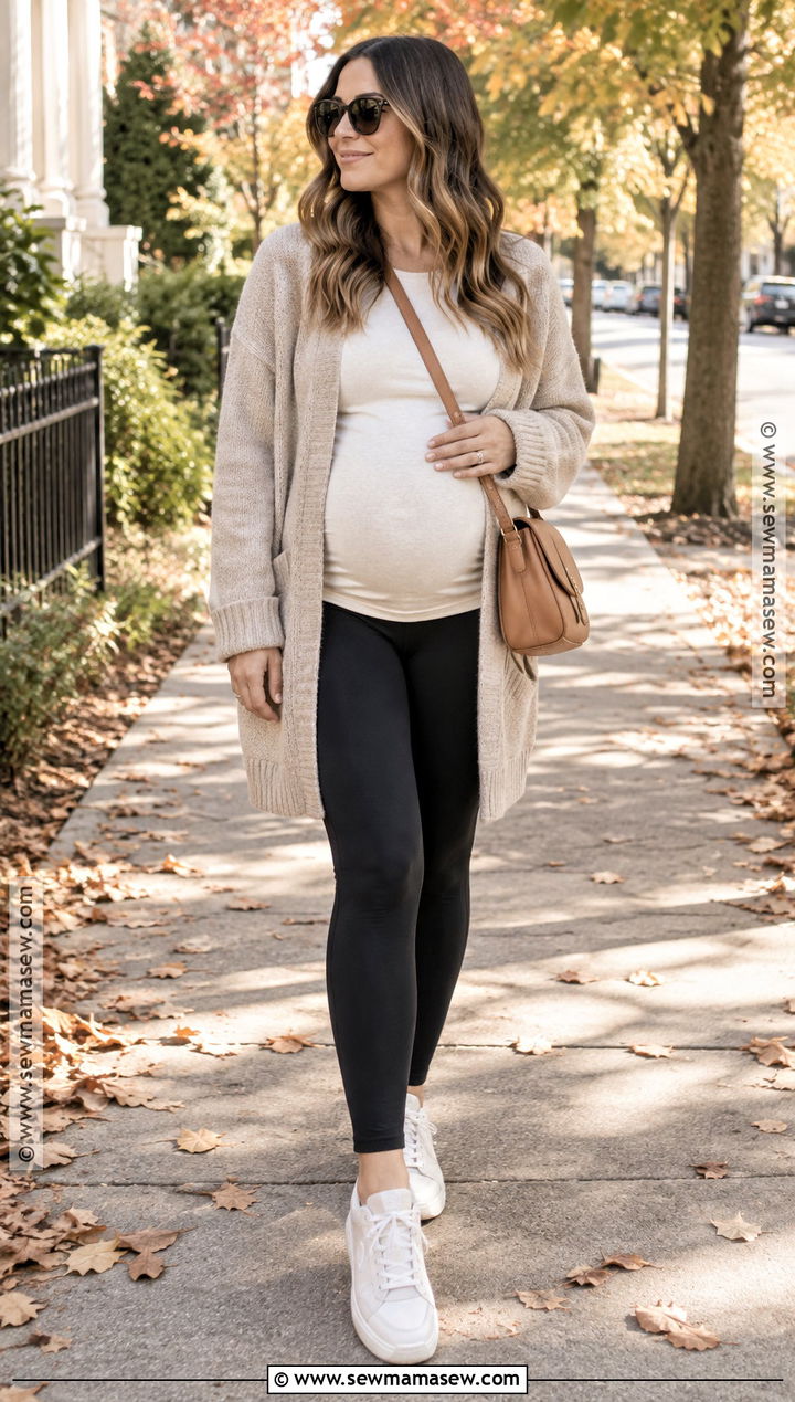 Maternity Leggings With Oversized Cardigan - 15 pregnancy capsule wardrobe fall winter ideas