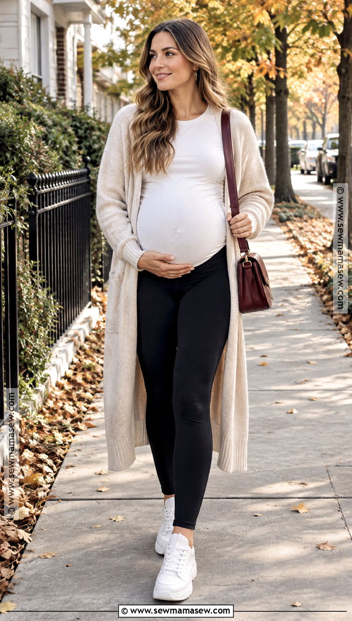 Maternity Leggings With Oversized Cardigan - 15 second trimester outfits fall