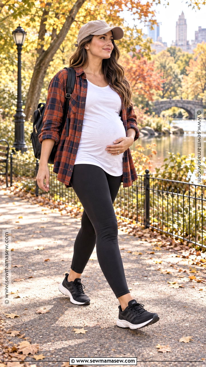 Maternity Leggings With Plaid Shirt - 20 Maternity Autumn Outfits
