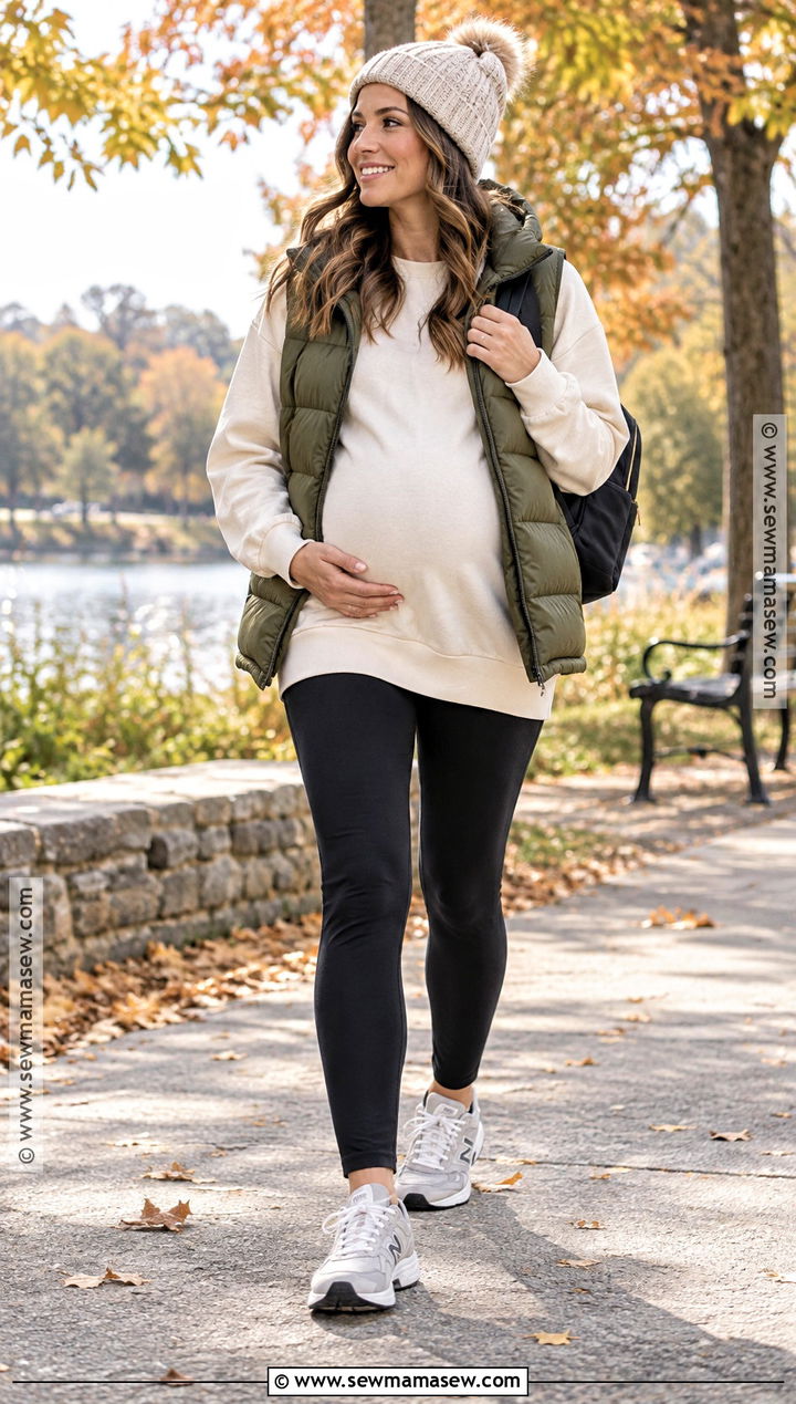 Maternity Leggings With Puffer Vest And Sweatshirt - 15 maternity leggings outfit fall