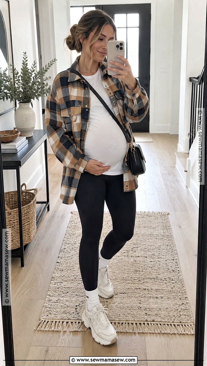 Maternity Leggings With Shacket And Sneakers - 15 second trimester outfits fall