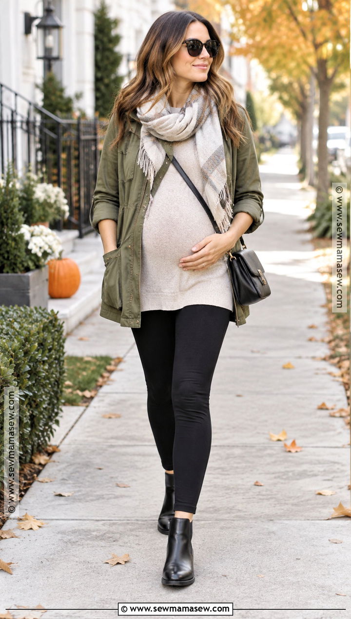 Maternity Leggings With Tunic Sweater And Ankle Boots - 15 dress the bump fall ideas