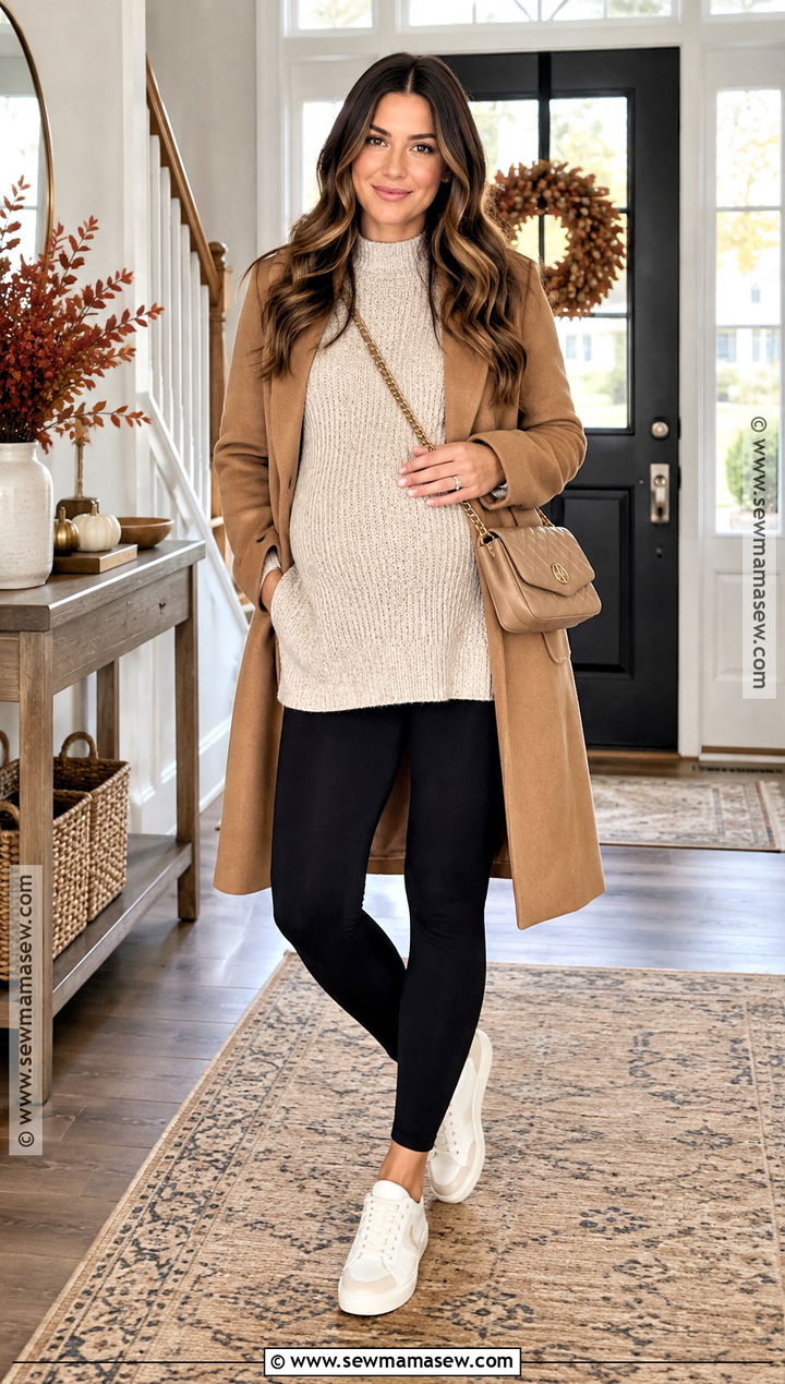 Maternity Leggings With Tunic Sweater And Sneakers - 20 thanksgiving outfit maternity ideas
