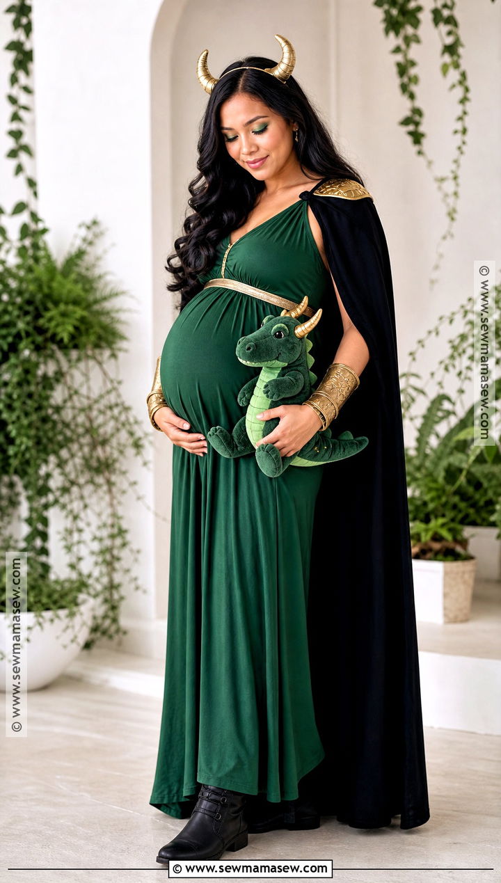 Maternity Loki Costume With Green Empire Dress - 30 Loki Costume Ideas for Females