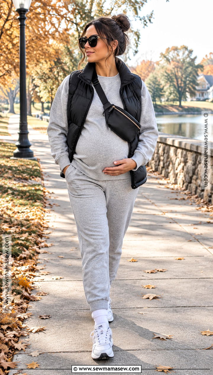 Maternity Lounge Set Outfit With Puffer Vest - 15 autumn pregnant outfit ideas