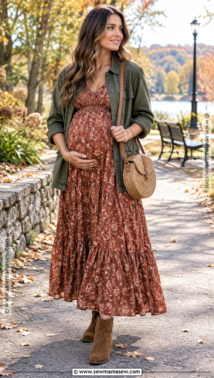 Maternity Maxi Dress And Utility Jacket Outfit - 25 autumn pregnancy outfits