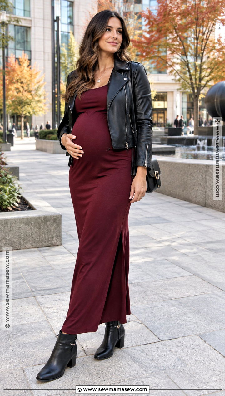 Maternity Maxi Dress With A Leather Jacket - 20 pregnancy fall fashion ideas