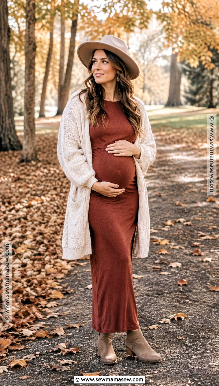 Maternity Maxi Dress With Cardigan And Boots Outfit - 15 fall third trimester outfits