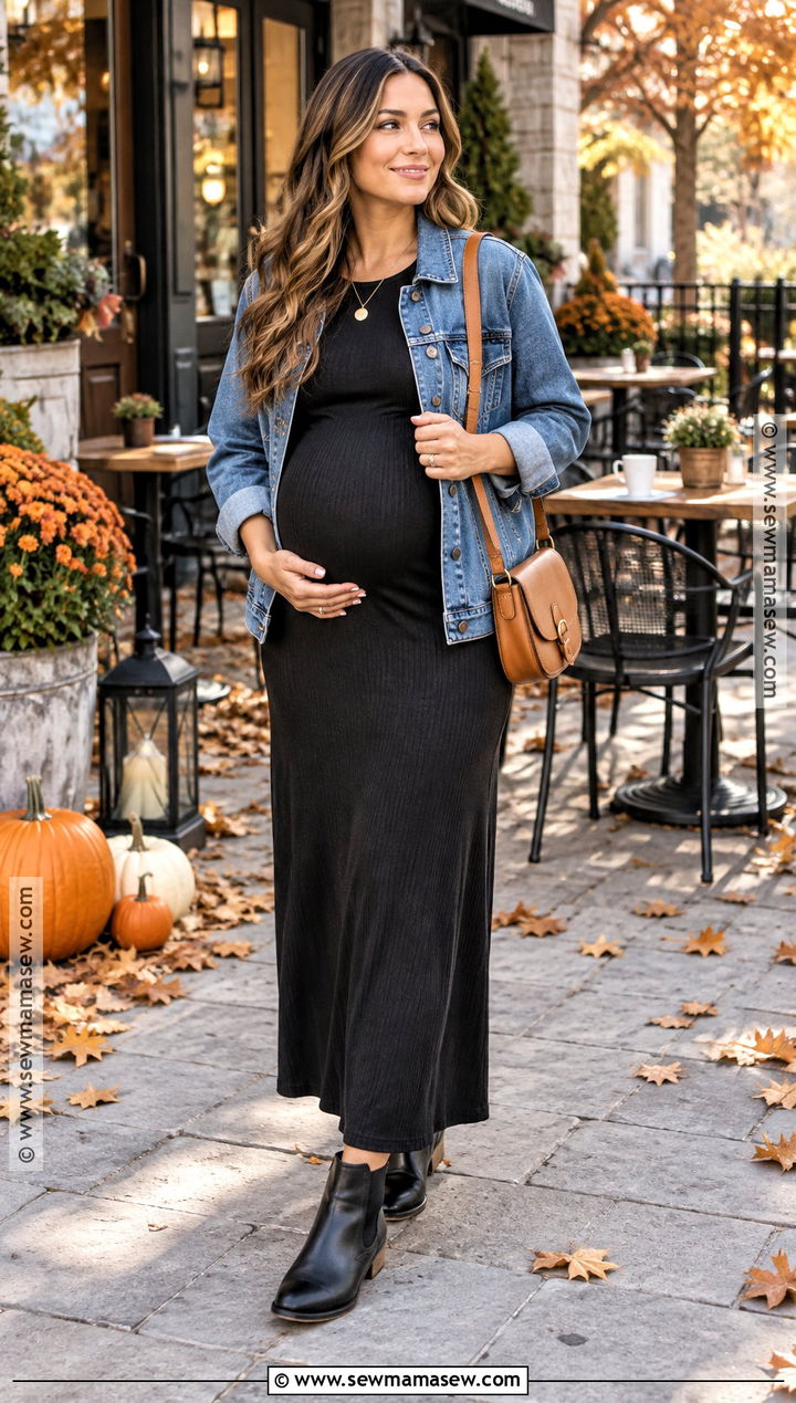 Maternity Maxi Dress With Denim Jacket And Ankle Boots - 15 fall outfit for pregnant ideas for women