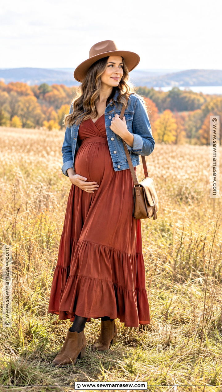 Maternity Maxi Dress With Denim Jacket And Boots - 15 fall winter maternity outfits