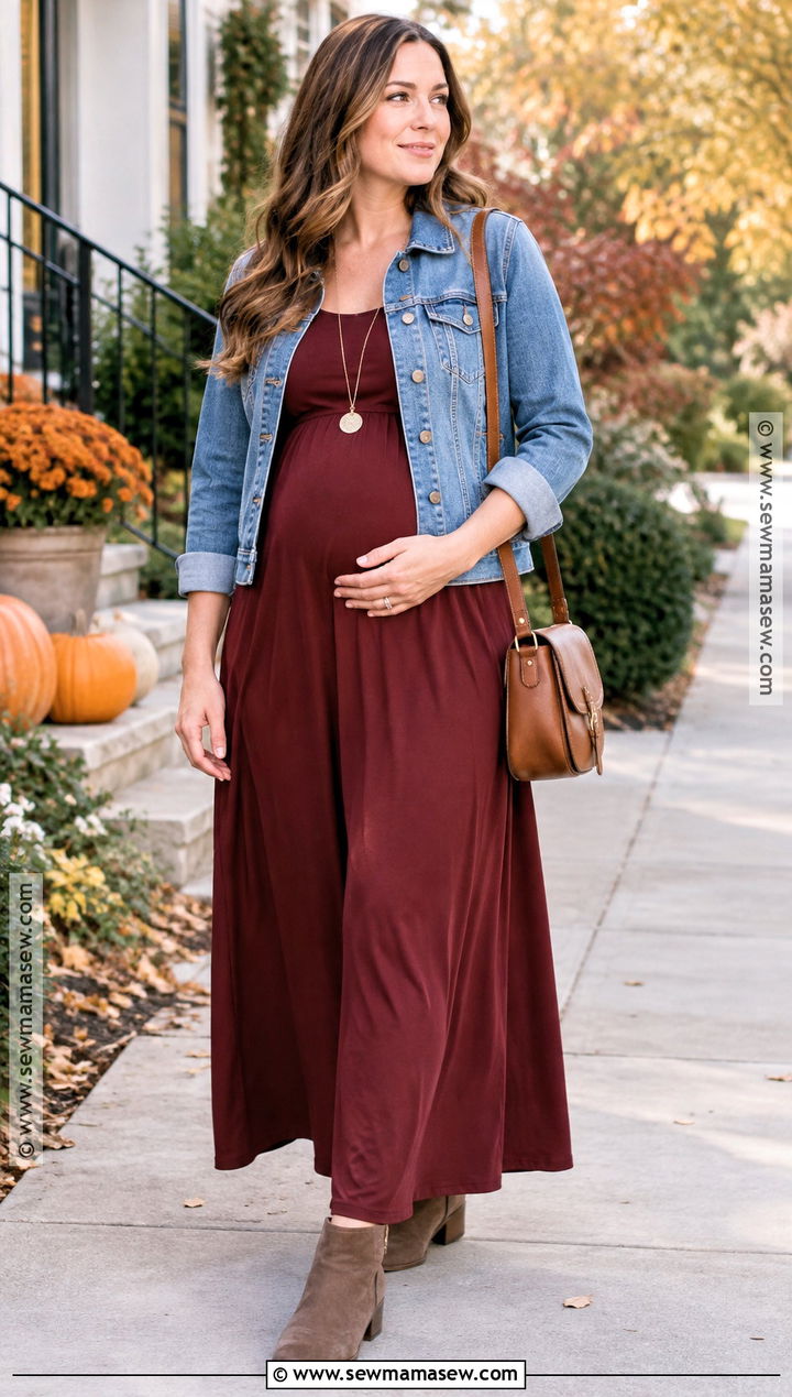 Maternity Maxi Dress With Denim Jacket And Boots - 20 thanksgiving outfit maternity ideas