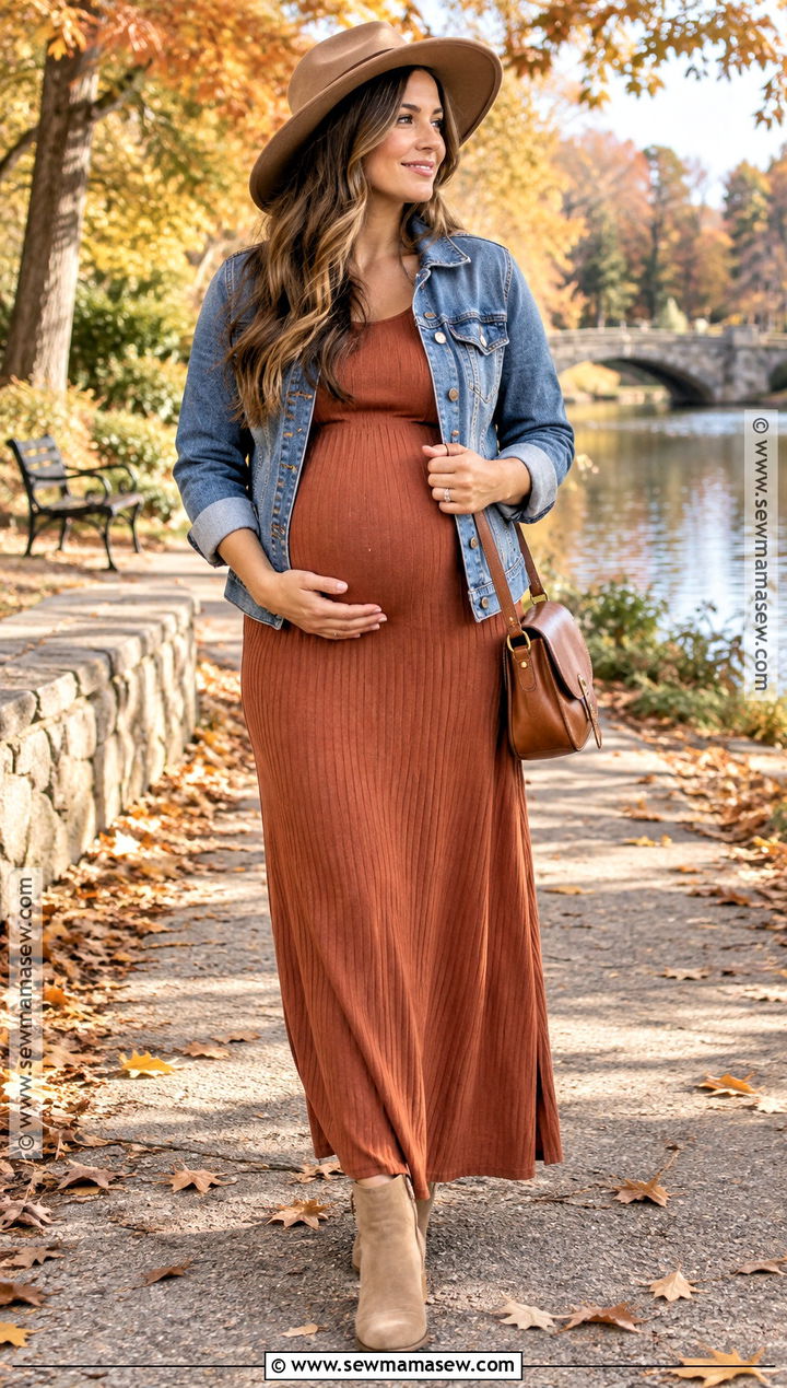 Maternity Maxi Dress With Denim Jacket And Boots - 15 Fall And Winter Pregnancy Outfits