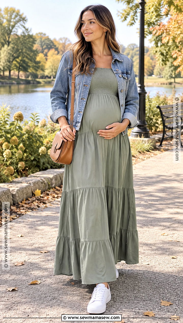 Maternity Maxi Dress With Denim Jacket And Sneakers - 15 modest fall maternity outfits
