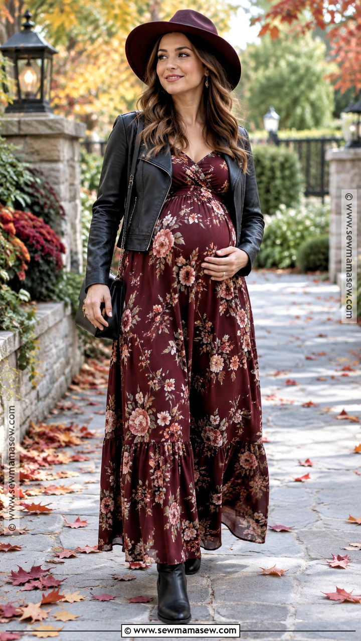 Maternity Maxi Dress With Leather Jacket - 20 Maternity Autumn Outfits