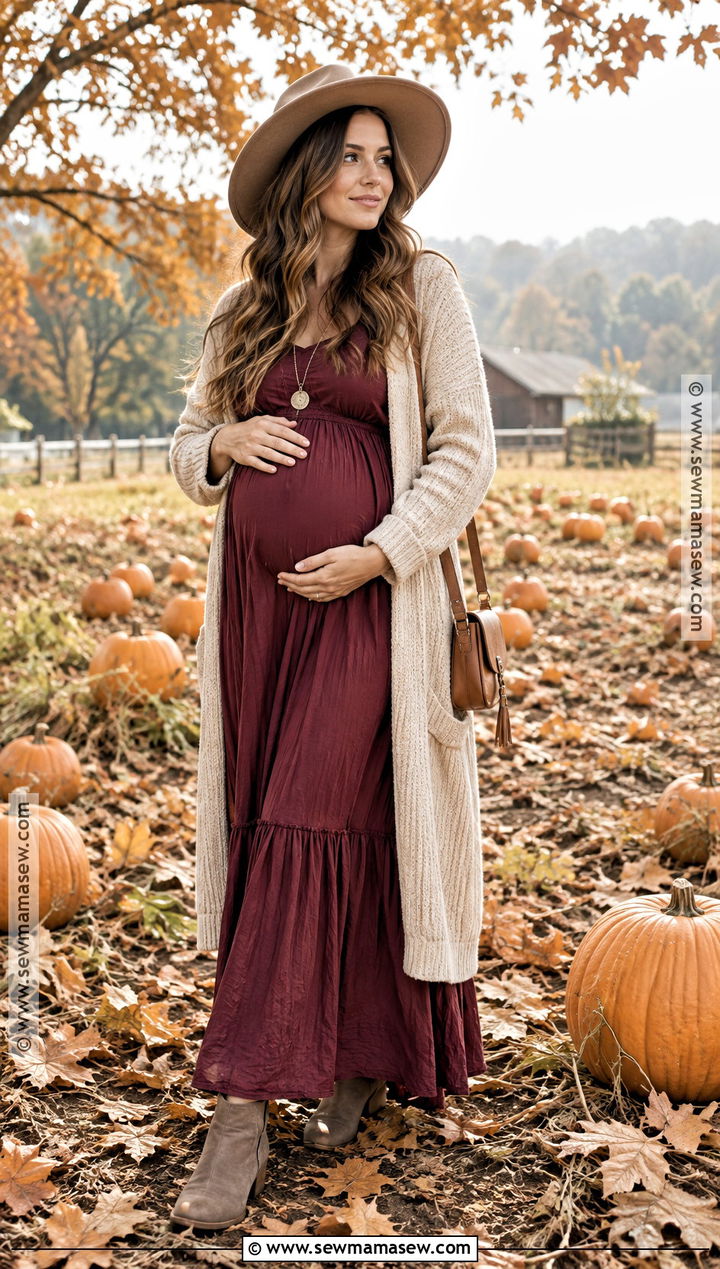 Maternity Maxi Dress With Long Cardigan And Boots - 20 Pumpkin Patch Outfit Pregnant Ideas