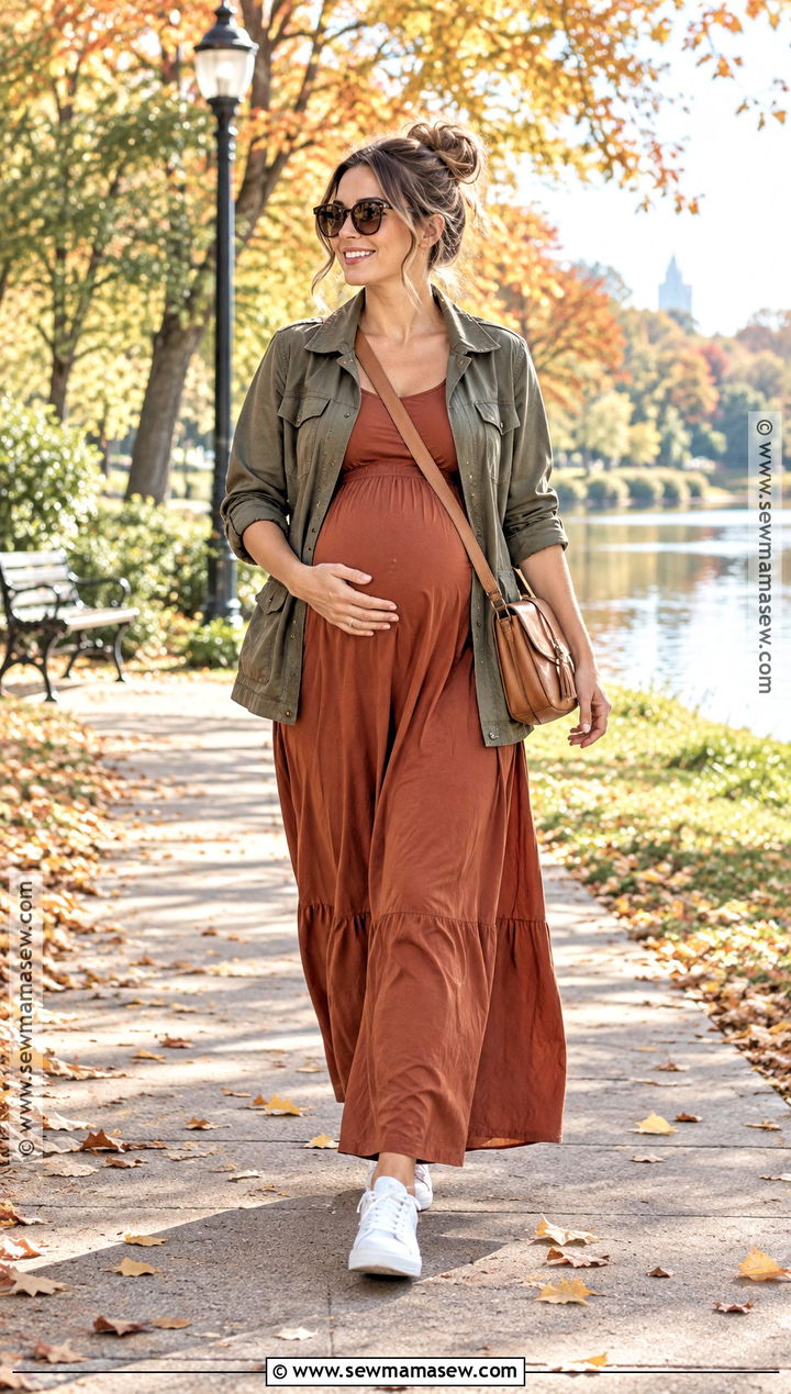 Maternity Maxi Dress With Utility Jacket And Sneakers - 15 fall maternity outfits second trimester