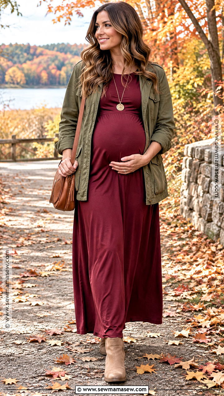 Maternity Maxi Dress With Utility Jacket - 20 maternity thanksgiving outfit casual ideas
