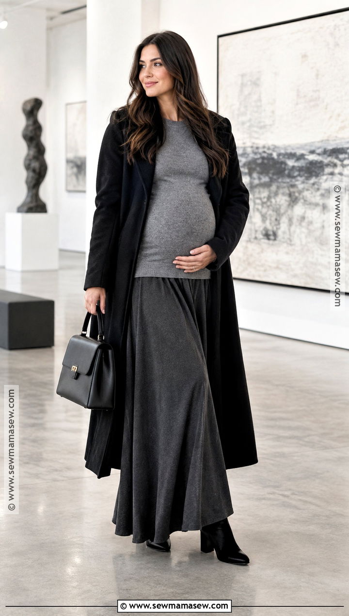 Maternity Maxi Skirt With Crewneck Sweater - 20 Maternity Capsule Wardrobe Fall Winter Ideas