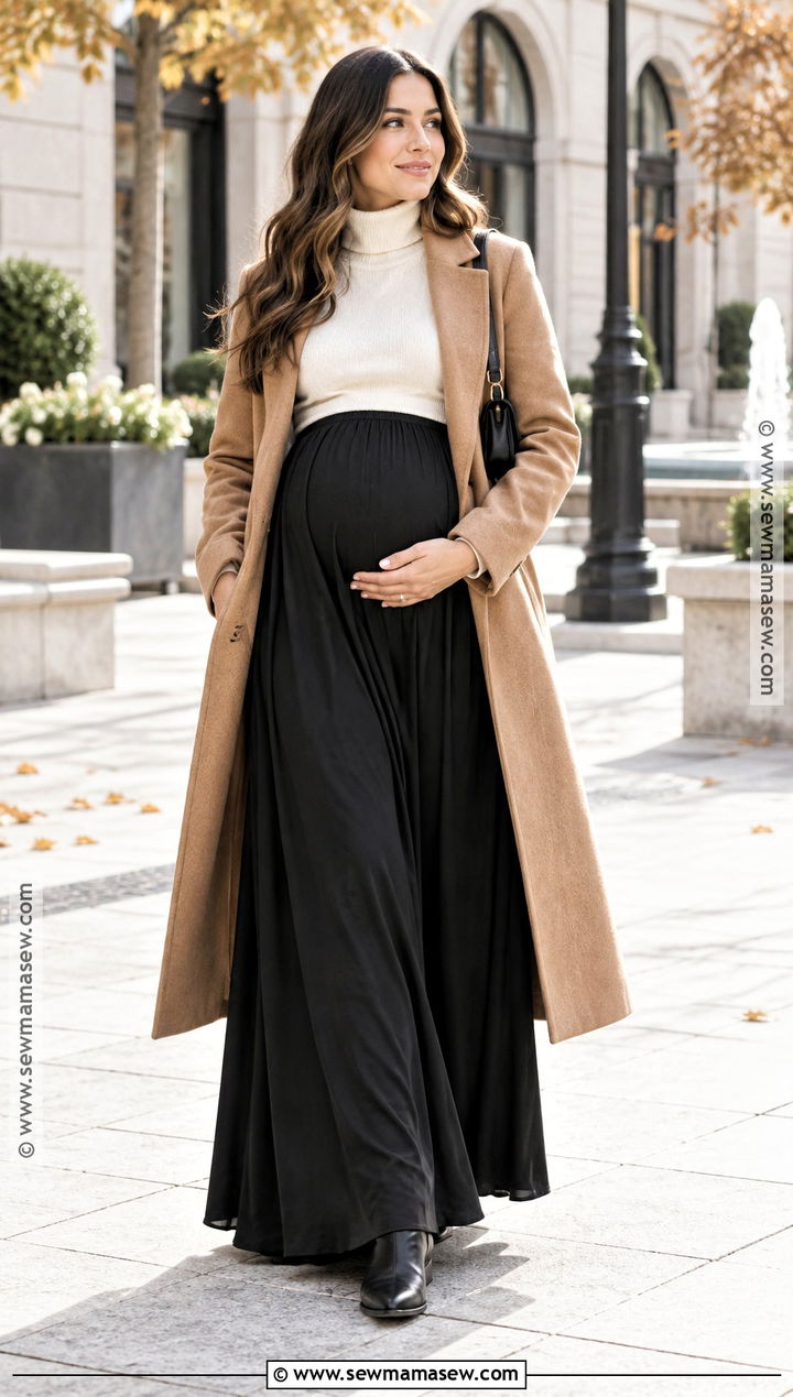 Maternity Maxi Skirt With Turtleneck And Long Coat - 15 modest fall maternity outfits
