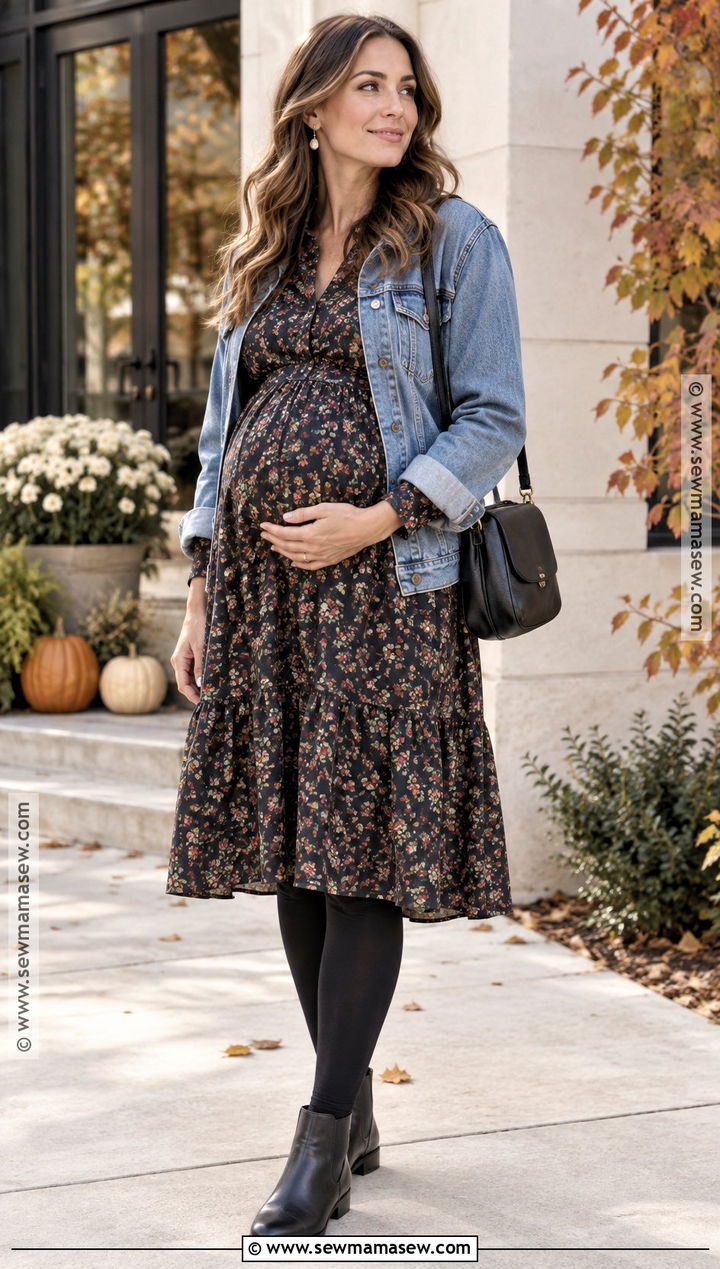 Maternity Midi Dress With A Denim Jacket - 15 Cute Pregnancy Fall Outfits
