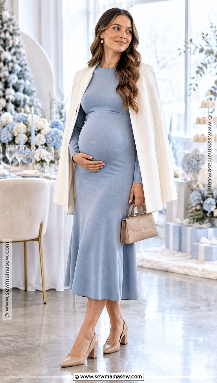 Maternity Midi Dress With Cape And Heels - 20 fallwinter pregnancy outfits