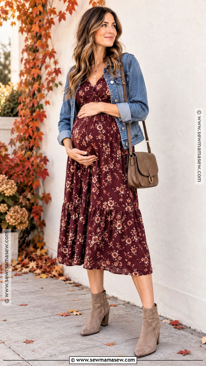 Maternity Midi Dress With Denim Jacket - 20 Maternity Autumn Outfits