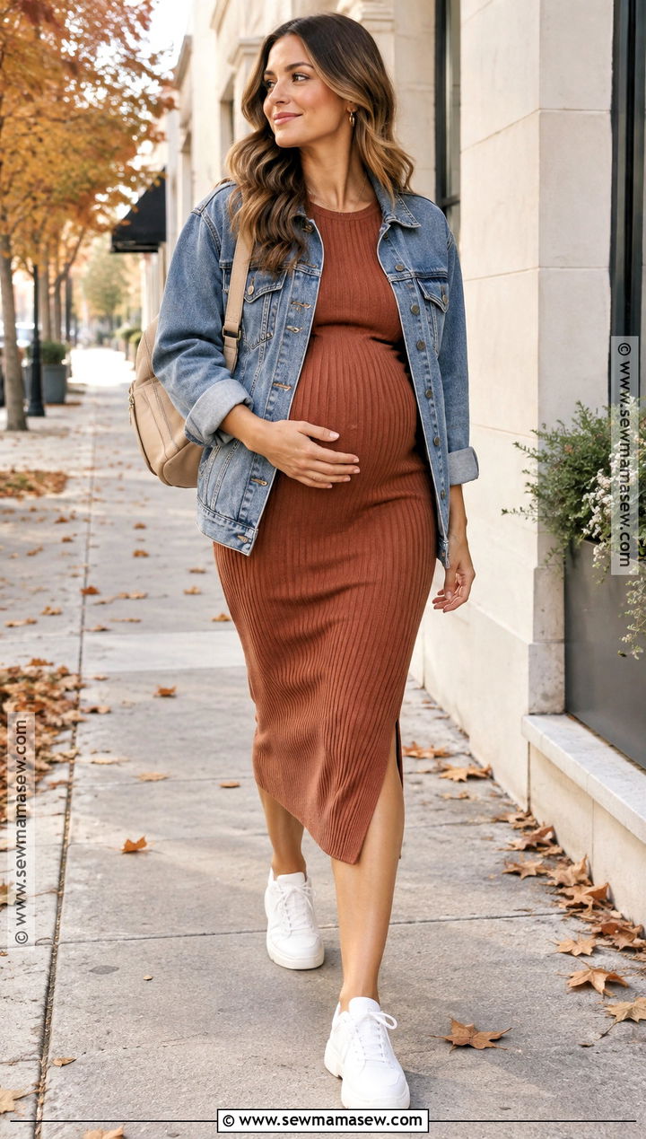 Maternity Midi Dress With Denim Jacket and Sneakers - 15 Fall Pregnancy Style Ideas