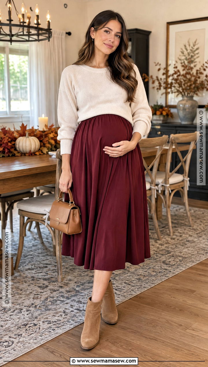 Maternity Midi Skirt With Crewneck Sweater - 20 maternity thanksgiving outfit casual ideas