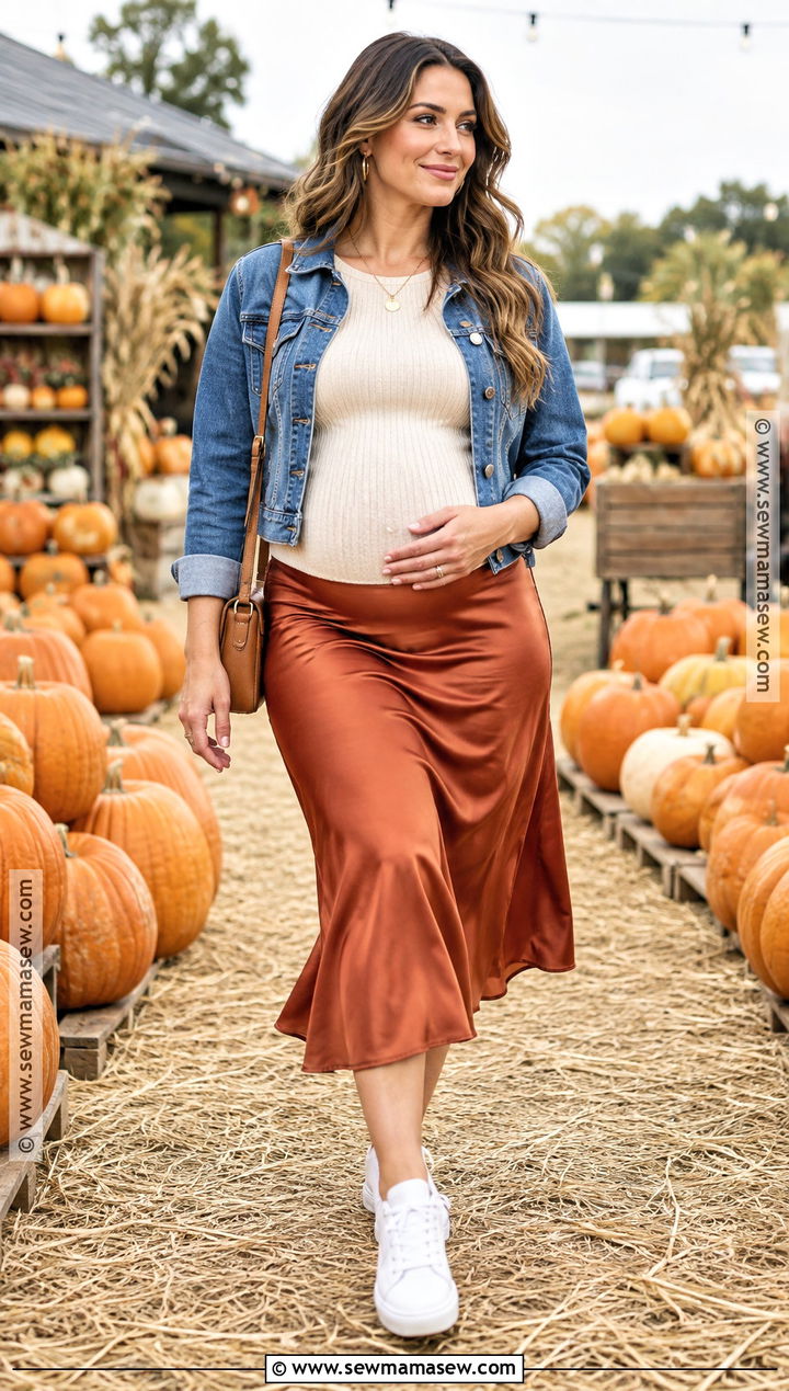 Maternity Midi Skirt With Fitted Sweater And Sneakers - 20 Pumpkin Patch Outfit Pregnant Ideas