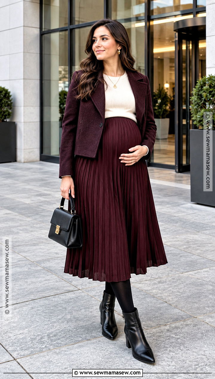 Maternity Midi Skirt With Knit Sweater And Loafers - 15 Fall And Winter Pregnancy Outfits