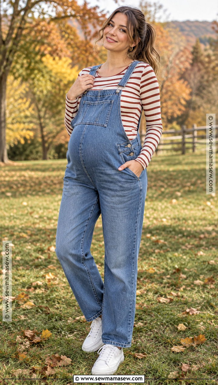 Maternity Overalls And Striped Shirt Outfit - 15 fall maternity outfits for photoshoot casual