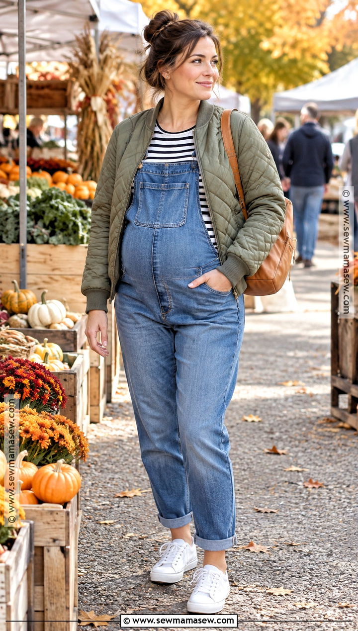 Maternity Overalls Outfit With Long Sleeve Shirt - 15 autumn pregnant outfit ideas