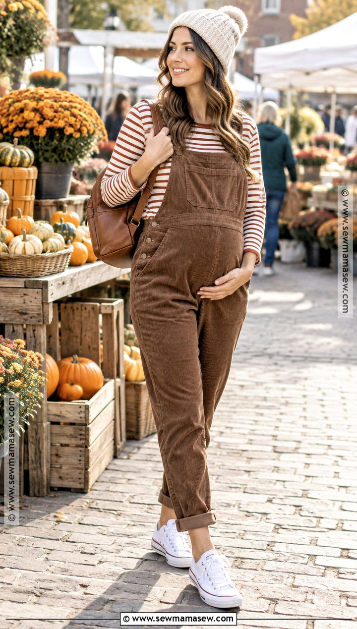Maternity Overalls With A Striped Long Sleeve Top - 15 Cute Pregnancy Fall Outfits