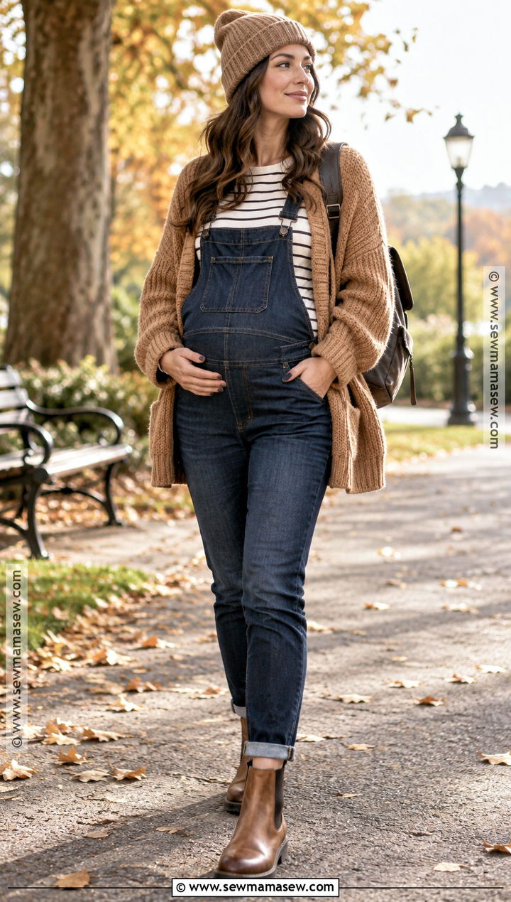 Maternity Overalls With Long Sleeve Tee And Boots - 15 fall winter maternity outfits