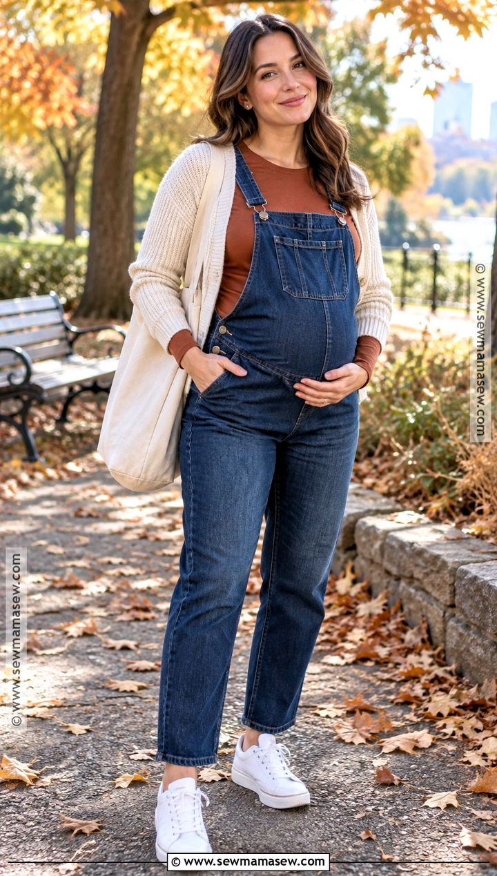 Maternity Overalls With Long Sleeve Tee And Sneakers - 15 fall outfit for pregnant ideas for women