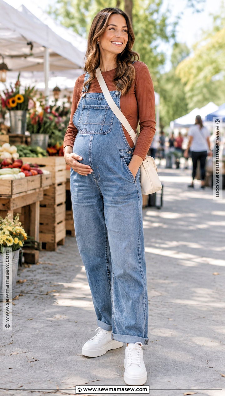 Maternity Overalls With Ribbed Long Sleeve Top - 15 Fall Transition Pregnancy Outfits