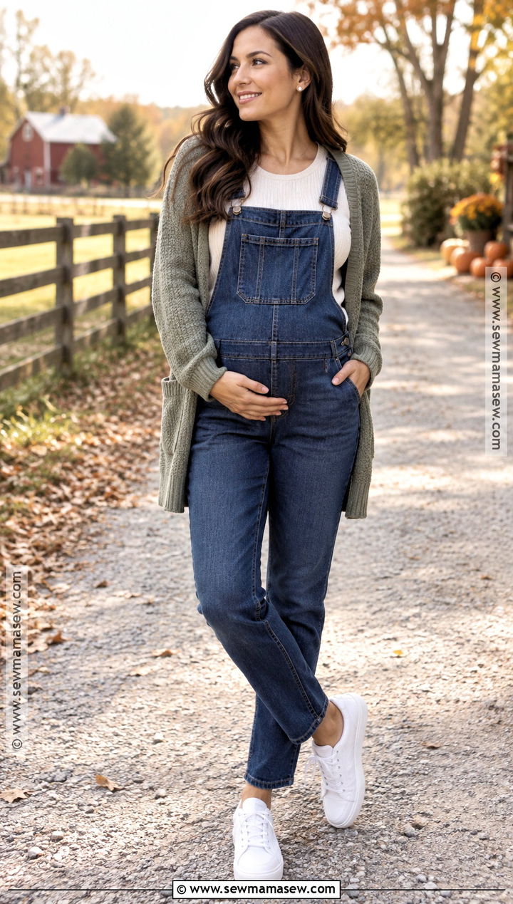 Maternity Overalls With Ribbed Top And Sneakers - 15 maternity photo outfits fall