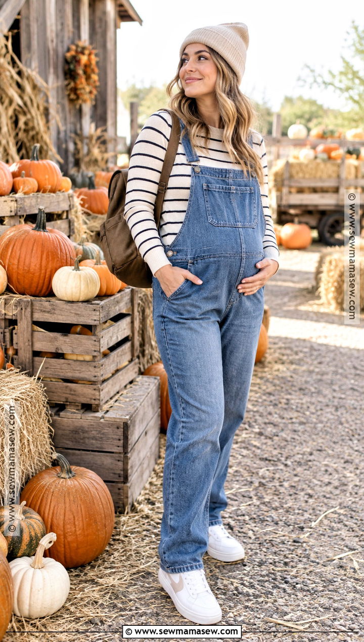 Maternity Overalls With Striped Tee And Sneakers - 20 Pumpkin Patch Outfit Pregnant Ideas