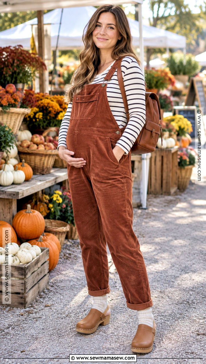 Maternity Overalls With Striped Tee and Clogs - 15 cozy fall maternity outfits