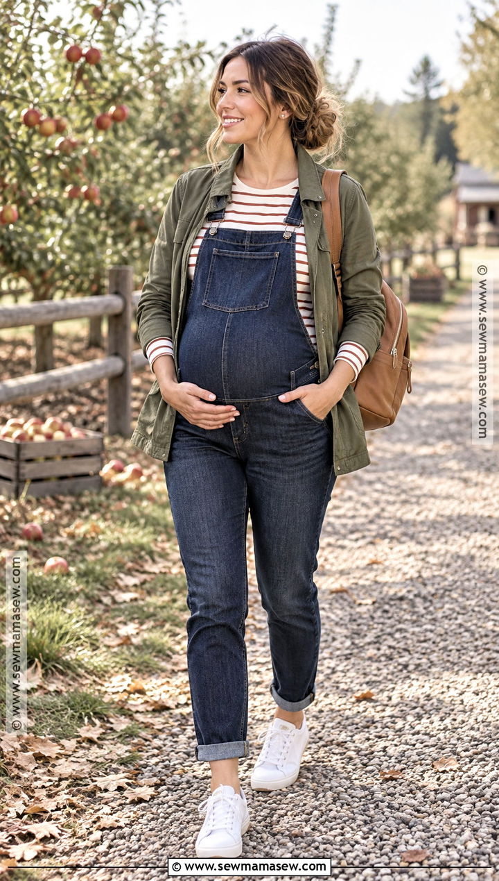 Maternity Overalls With Striped Top - 20 maternity fall fashion ideas